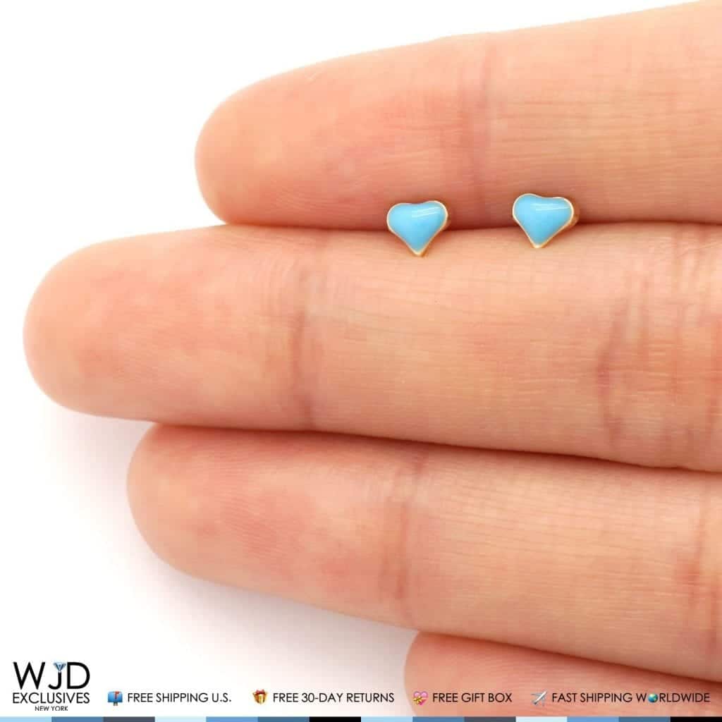14K Solid Yellow Gold Sky Blue Enamel Heart Baby Screwback Stud Kid Earrings