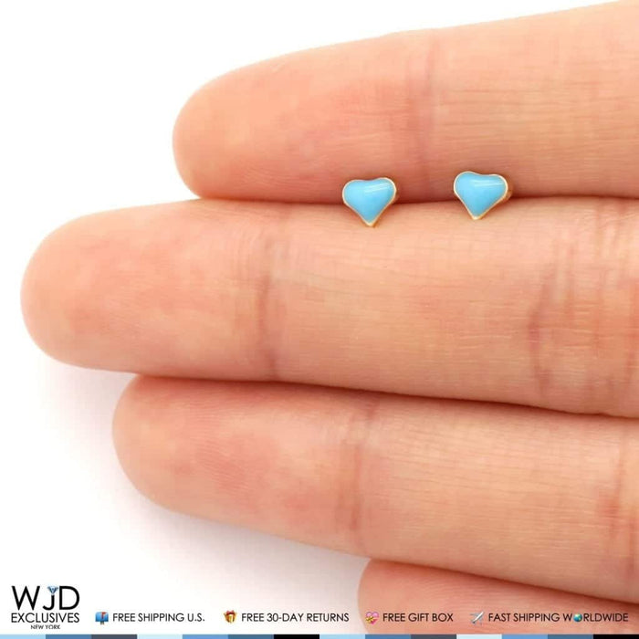 14K Yellow Gold Sky Blue Enamel Heart Baby Screw Back Stud Kid Earrings