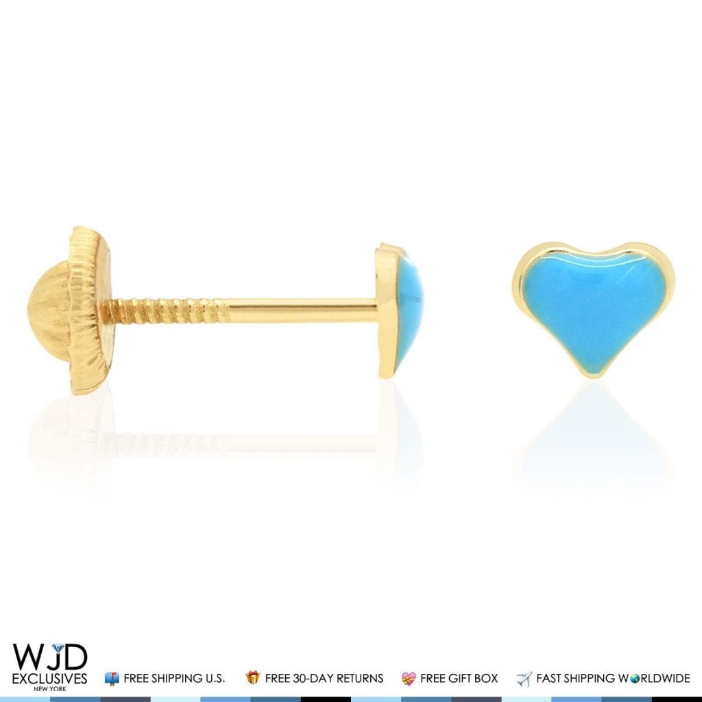 14K Solid Yellow Gold Sky Blue Enamel Heart Baby Screwback Stud Kid Earrings