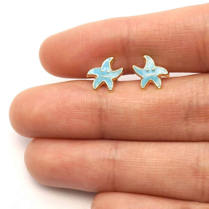 Kids 14K Yellow Gold Blue Pink Red Green Enamel Starfish Stud Earrings
