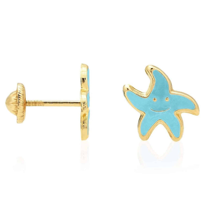 Kids 14K Yellow Gold Blue Pink Red Green Enamel Starfish Stud Earrings