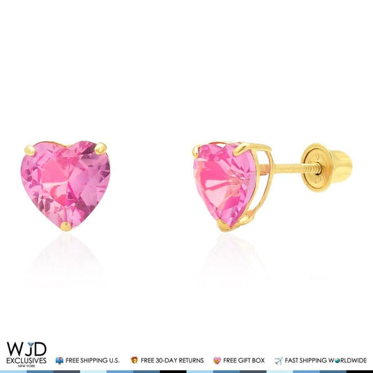 Real 14K Gold Solitaire Pink Topaz Heart Shaped Screw back Stud Earrings