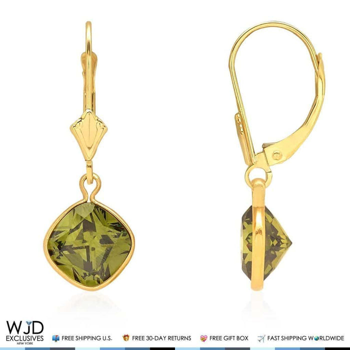 14K Yellow Gold Square Olive Green Tourmaline Leverback Dangle Earrings 1"