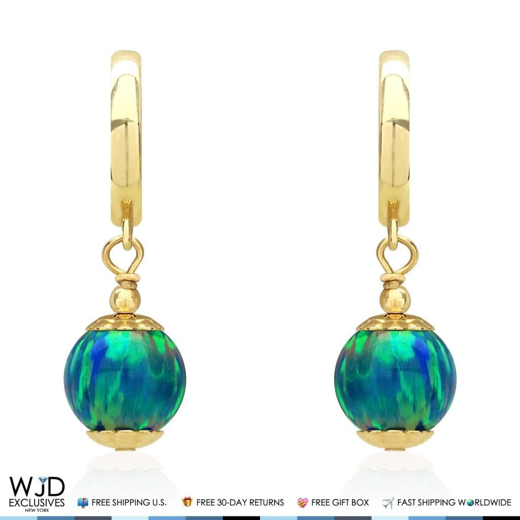 14K Solid Yellow Gold Teal Blue Green Fire Opal Ball Huggie Hoop Dangle Drop Earrings
