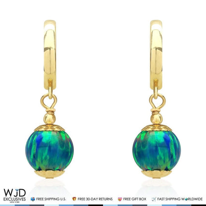 14K Solid Yellow Gold Teal Blue Green Fire Opal Ball Huggie Hoop Dangle Drop Earrings