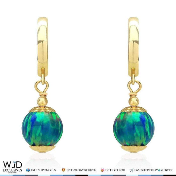 14K Yellow Gold Teal Blue Green Fire Opal Ball Huggie Hoop Dangle Drop Earrings
