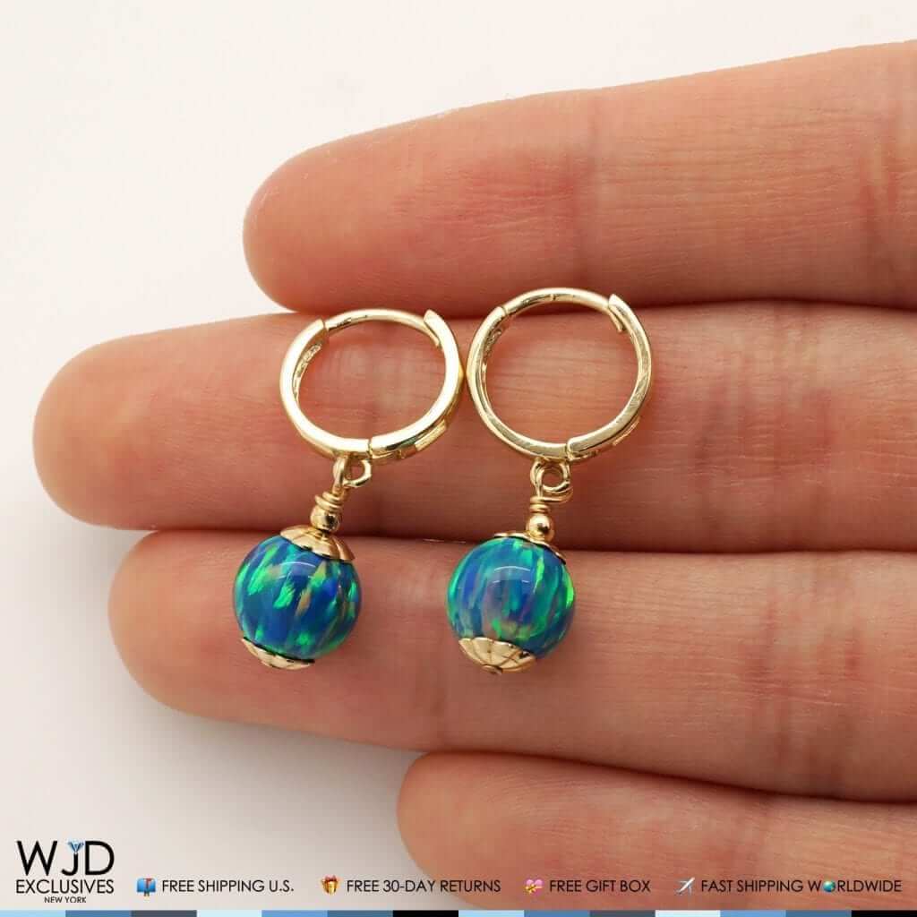 14K Yellow Gold Teal Blue Green Fire Opal Ball Huggie Hoop Dangle Drop Earrings