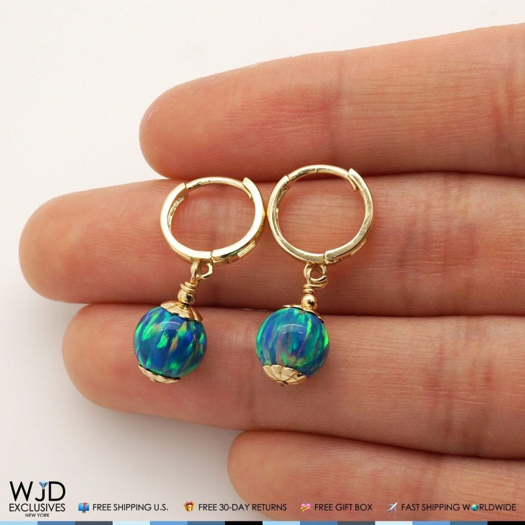 14K Solid Yellow Gold Teal Blue Green Fire Opal Ball Huggie Hoop Dangle Drop Earrings