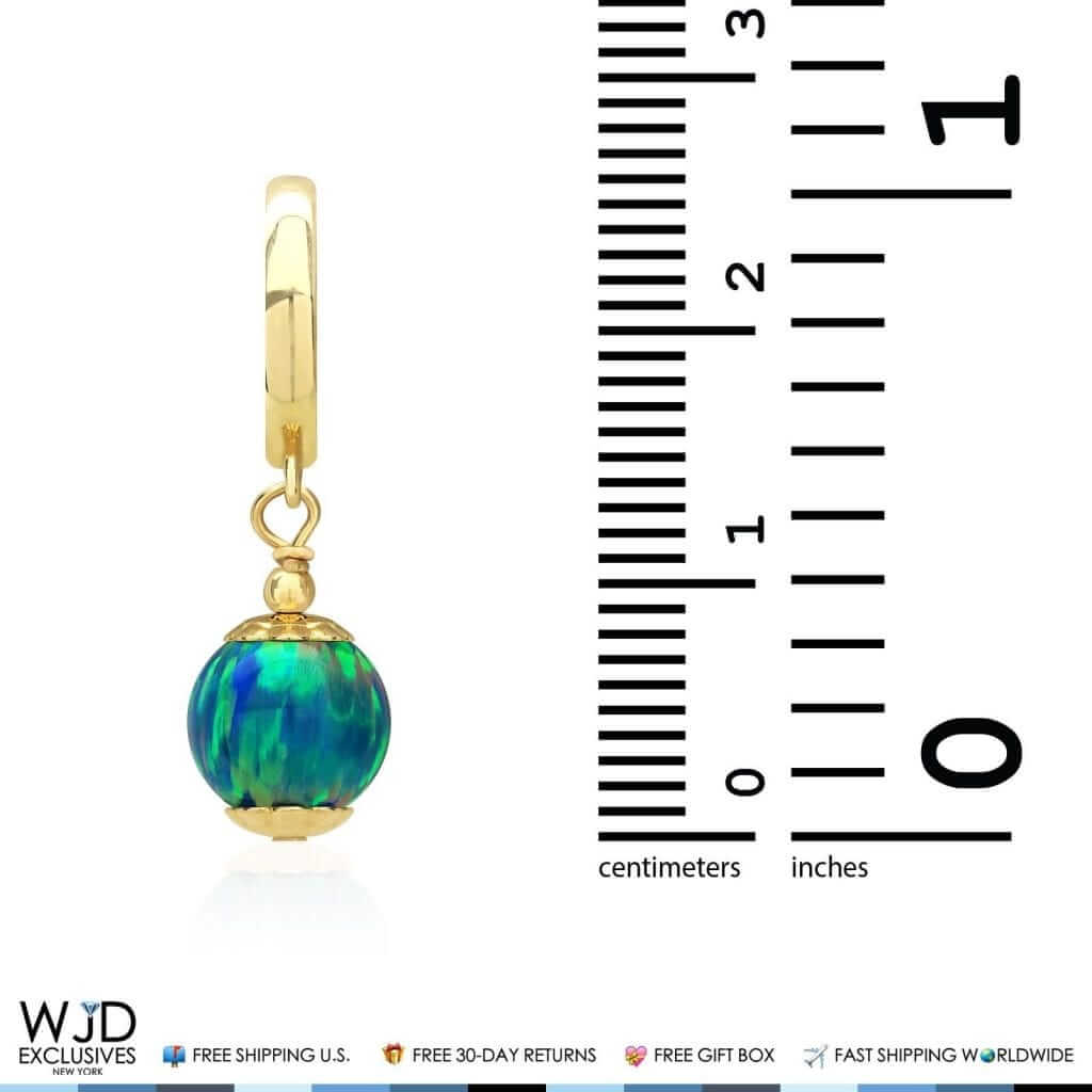 14K Yellow Gold Teal Blue Green Fire Opal Ball Huggie Hoop Dangle Drop Earrings