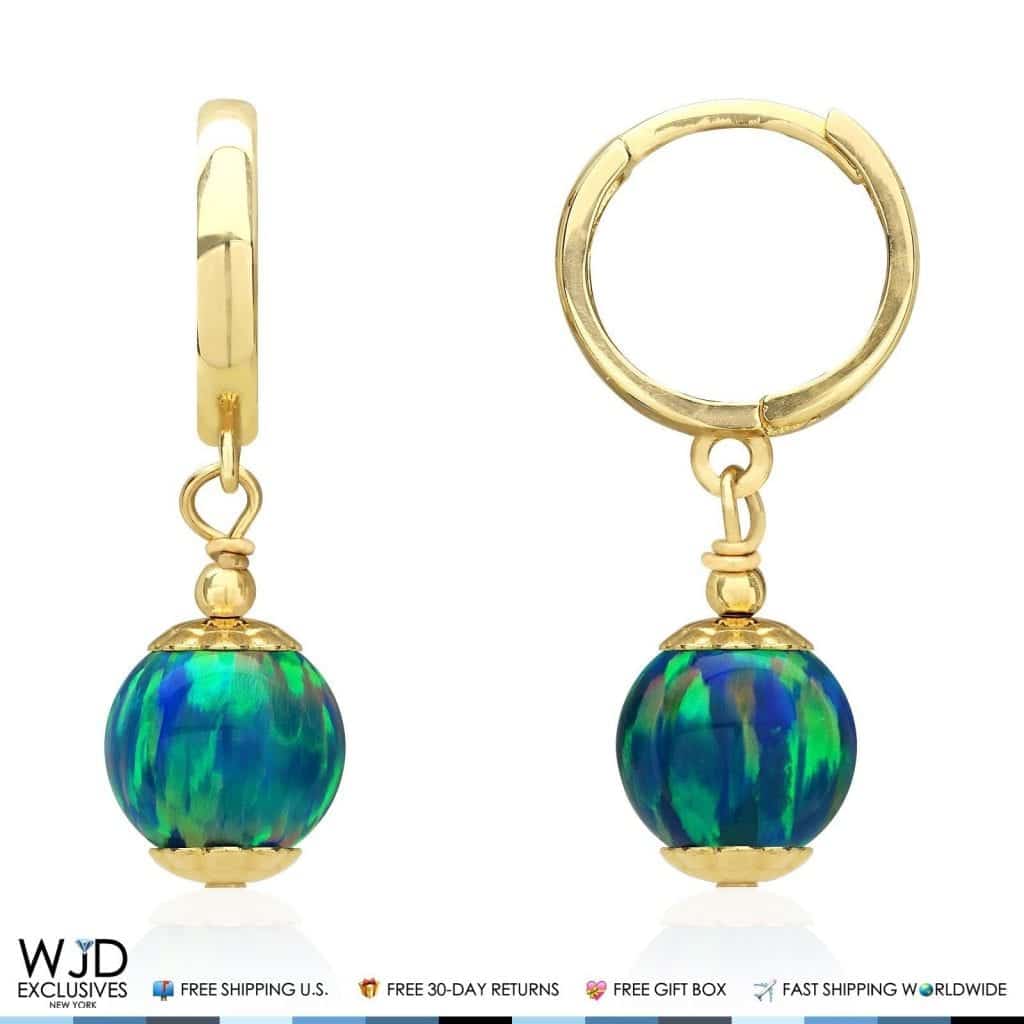 14K Solid Yellow Gold Teal Blue Green Fire Opal Ball Huggie Hoop Dangle Drop Earrings