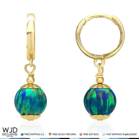 14K Solid Yellow Gold Teal Blue Green Fire Opal Ball Huggie Hoop Dangle Drop Earrings