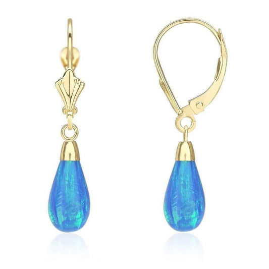 14k Yellow Gold Fire Opal Teardrop  Leverback Earrings 1.1"