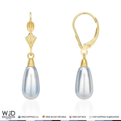 14K Yellow Gold Teardrop Pearl Leverback Drop Earrings