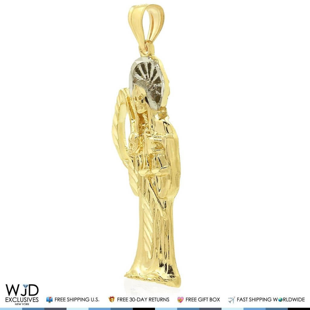 14K Yellow Gold Two-Tone Santa Muerte Grim Reaper Religious Pendant 2.5"