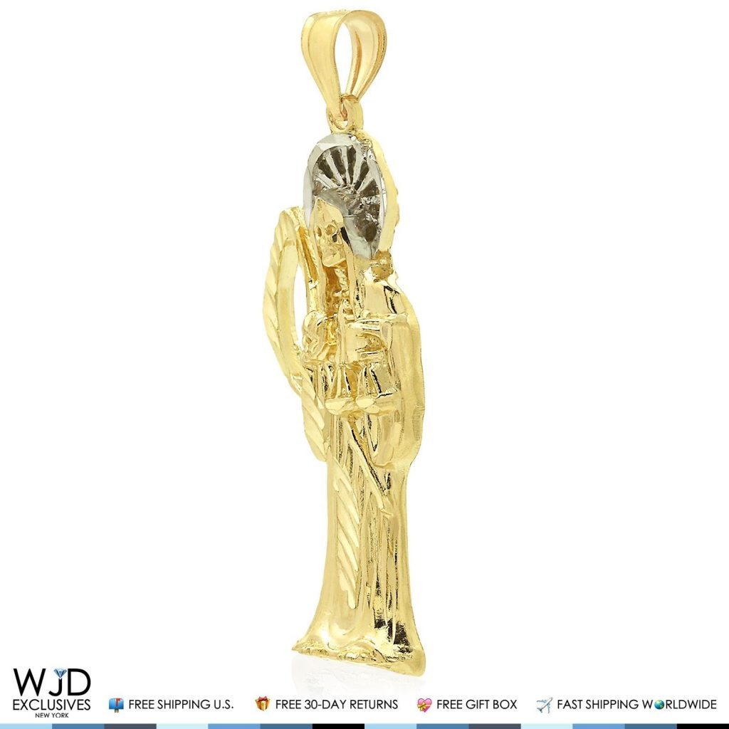 14K Solid Yellow Gold Two-Tone Santa Muerte Grim Reaper Religious Pendant 2.5"