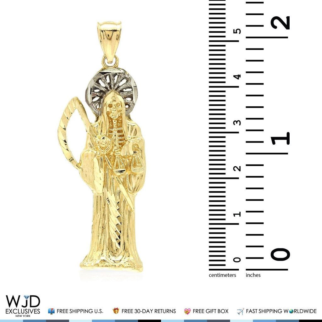 14K Solid Yellow Gold Two-Tone Santa Muerte Grim Reaper Religious Pendant 2.5"
