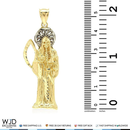 14K Solid Yellow Gold Two-Tone Santa Muerte Grim Reaper Religious Pendant 2.5"