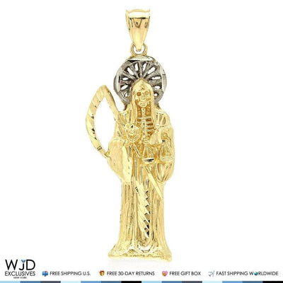 14K Solid Yellow Gold Two-Tone Santa Muerte Grim Reaper Religious Pendant 2.5"
