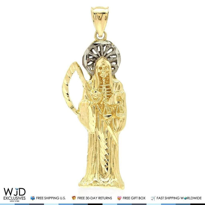 14K Solid Yellow Gold Two-Tone Santa Muerte Grim Reaper Religious Pendant 2.5"
