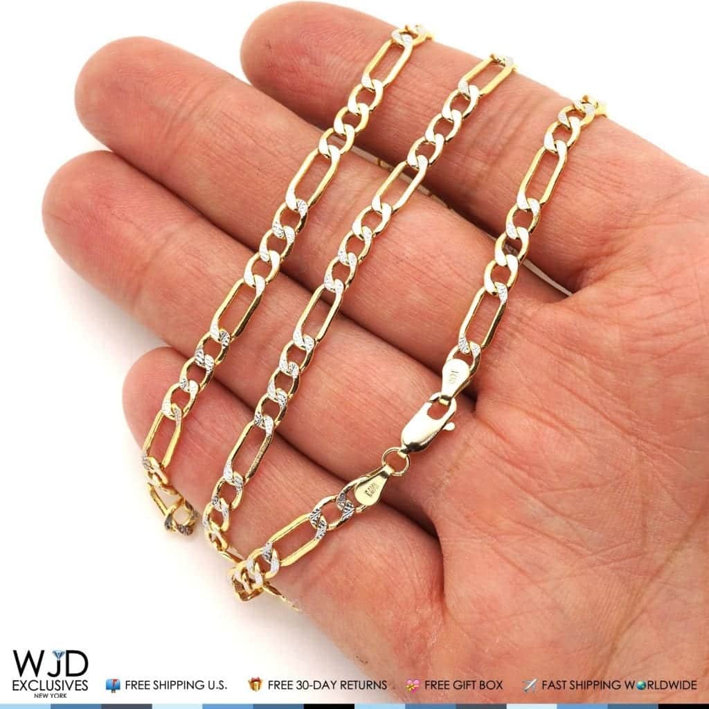 Hollow 14K Yellow Gold Unisex 4.5mm Diamond Cut Figaro Chain Necklace 18"- 24”