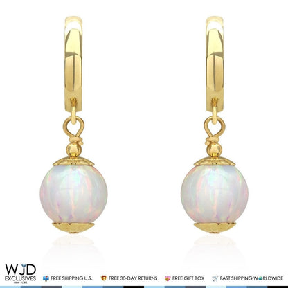 14K Solid Yellow Gold White Fire Opal Ball Huggie Hoop Dangle Drop Earrings