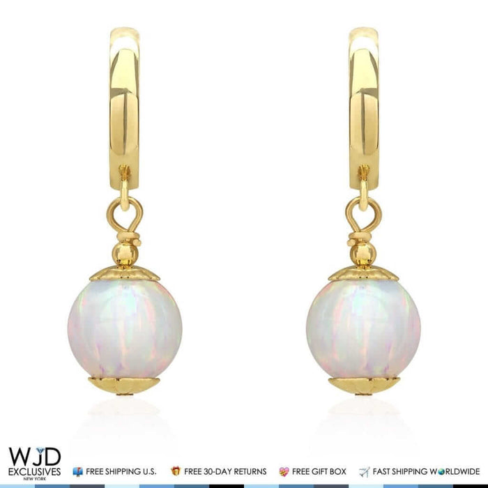 14K Yellow Gold White Fire Opal Ball Huggie Hoop Dangle Drop Earrings