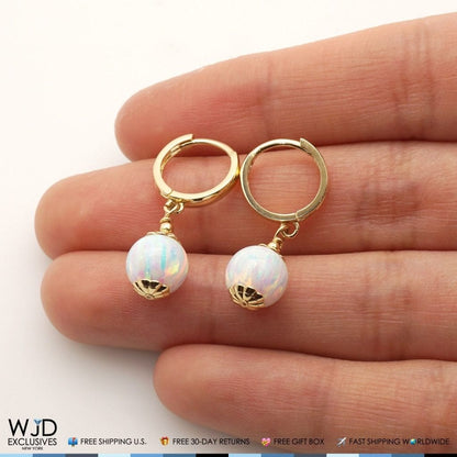 14K Solid Yellow Gold White Fire Opal Ball Huggie Hoop Dangle Drop Earrings