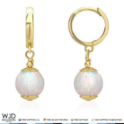14K Yellow Gold White Fire Opal Ball Huggie Hoop Dangle Drop Earrings