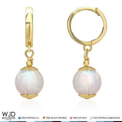 14K Solid Yellow Gold White Fire Opal Ball Huggie Hoop Dangle Drop Earrings