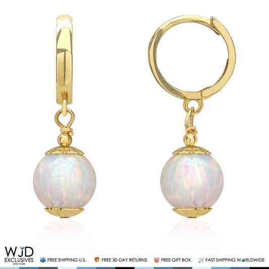 14K Solid Yellow Gold White Fire Opal Ball Huggie Hoop Dangle Drop Earrings