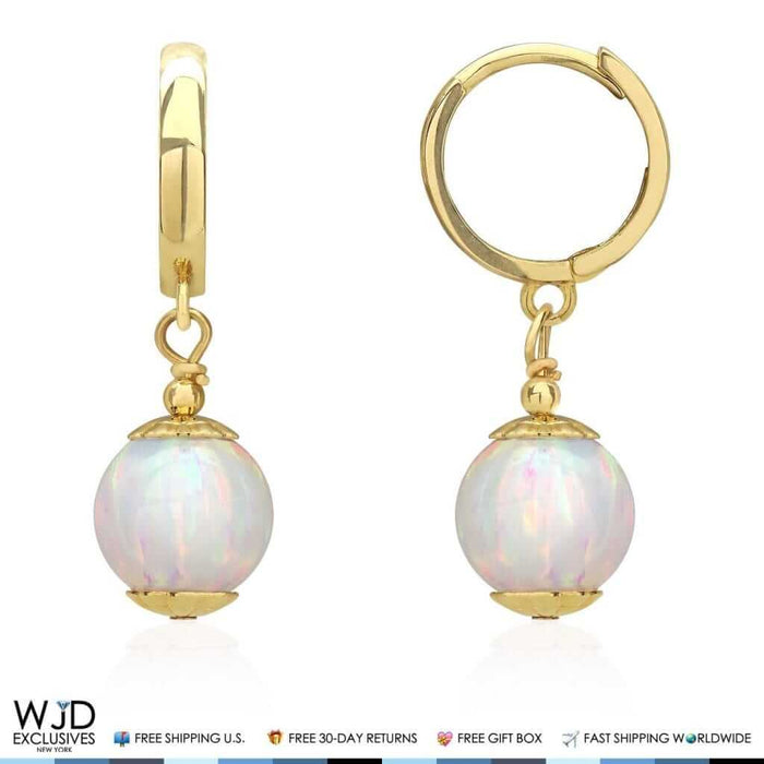 14K Yellow Gold White Fire Opal Ball Huggie Hoop Dangle Drop Earrings