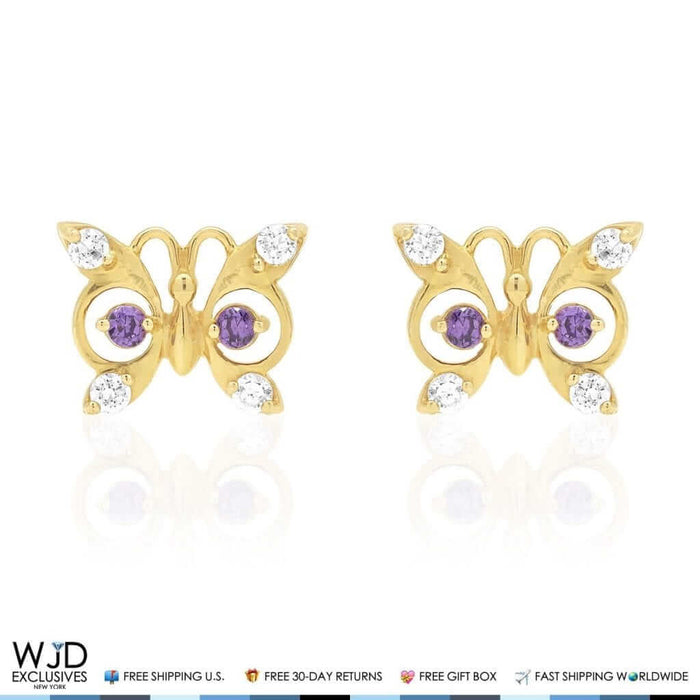14K Yellow Gold White Zircon & Birthstone Butterfly Screw Back Stud Earrings