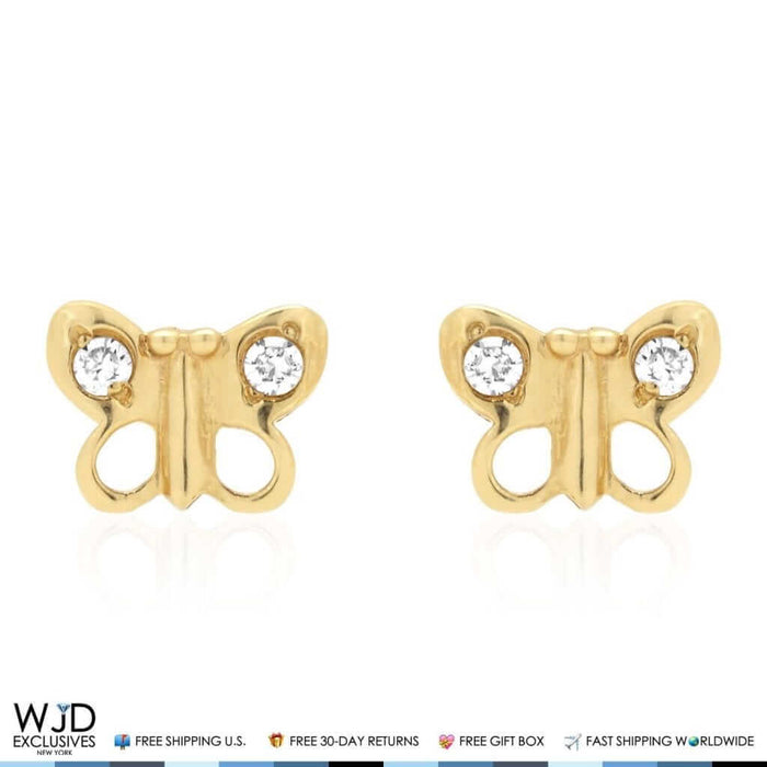 14K Yellow Gold White Zircon Butterfly Baby Screw Back Stud Kid Earrings