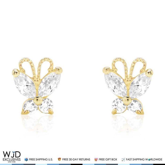 14K Yellow Gold White Zircon Butterfly Baby Screw Back Stud Kid Earrings