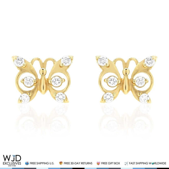 14K Yellow Gold White Zircon & Birthstone Butterfly Screw Back Stud Earrings