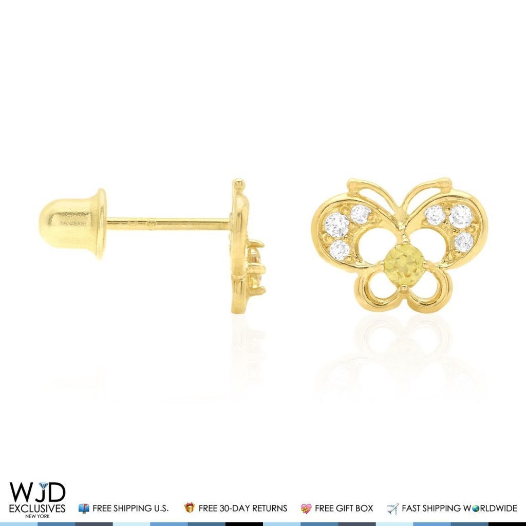14k Yellow Gold Pave Birthstone Butterfly Screw Back Stud Kid Earrings