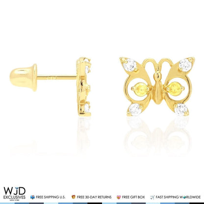 14K Yellow Gold White Zircon & Birthstone Butterfly Screw Back Stud Earrings