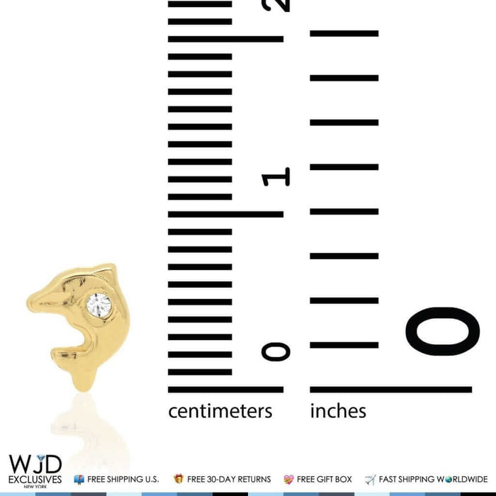 14K Yellow Gold White Zircon Dolphin Baby Screw Back Stud Kid Earrings