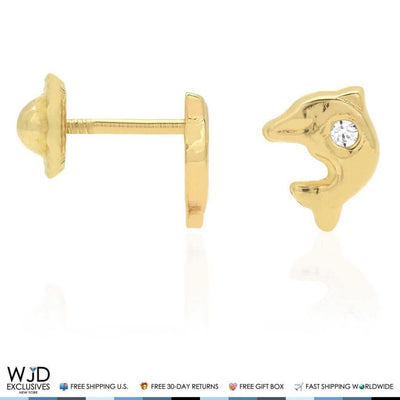 14K Yellow Gold White Zircon Dolphin Baby Screw Back Stud Kid Earrings
