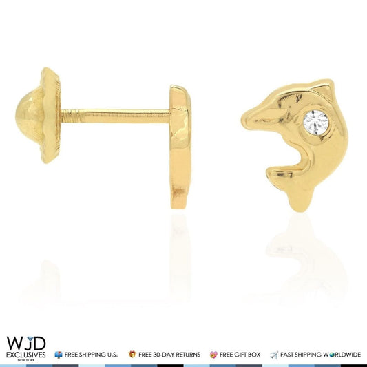 14K Solid Yellow Gold White Zircon Dolphin Baby Screwback Stud Kid Earrings