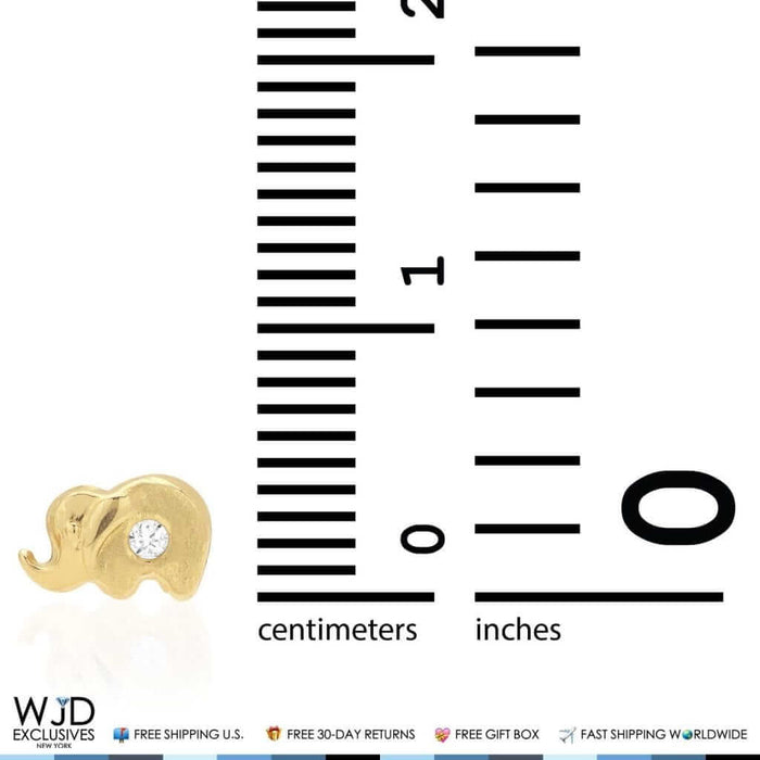 14K Yellow Gold White Zircon Elephant Baby Screw Back Stud Kid Earrings