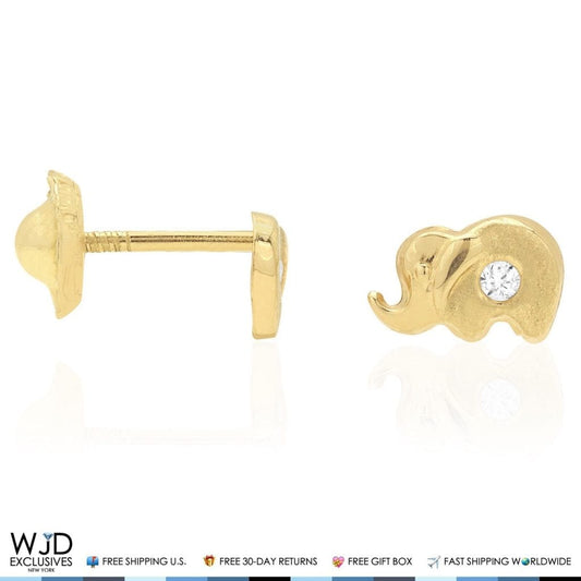 14K Solid Yellow Gold White Zircon Elephant Baby Screwback Stud Kid Earrings