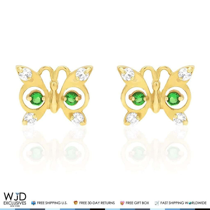 14K Yellow Gold White Zircon & Birthstone Butterfly Screw Back Stud Earrings