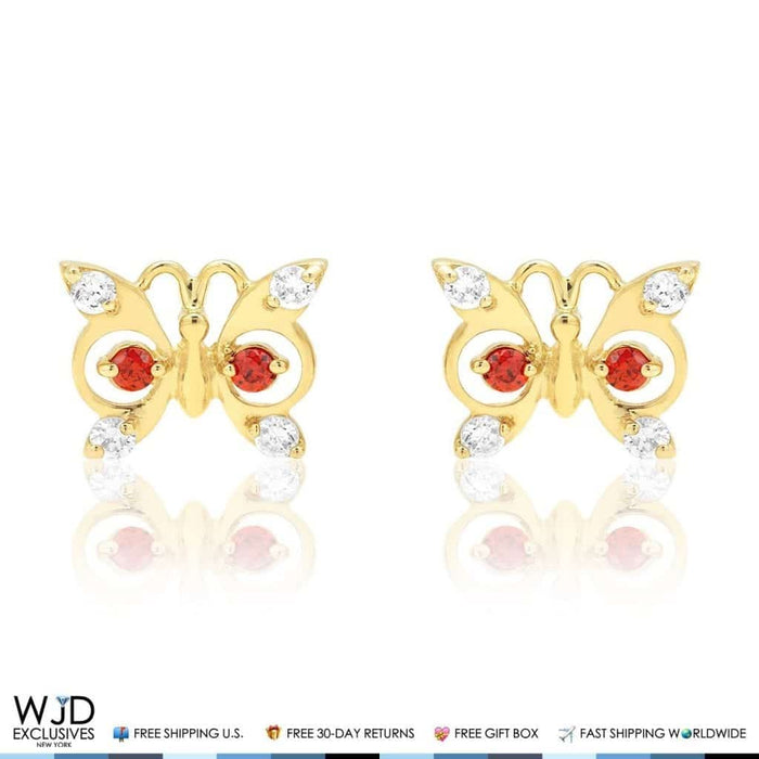 14K Yellow Gold White Zircon & Birthstone Butterfly Screw Back Stud Earrings
