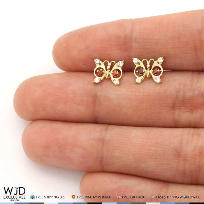 14K Yellow Gold White Zircon & Birthstone Butterfly Screw Back Stud Earrings