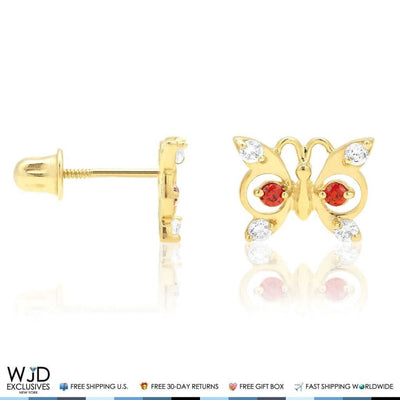 14K Yellow Gold White Zircon & Birthstone Butterfly Screw Back Stud Earrings