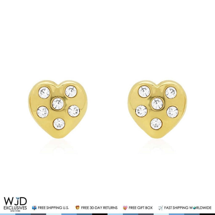14K Yellow Gold White Zircon Heart Screw Back Stud Kids Earrings