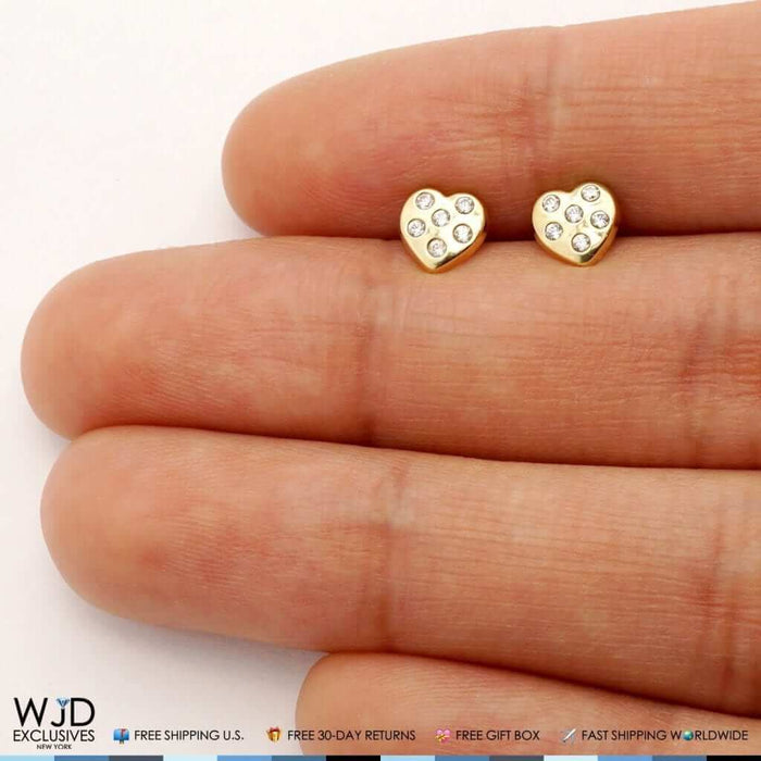 14K Yellow Gold White Zircon Heart Screw Back Stud Kids Earrings