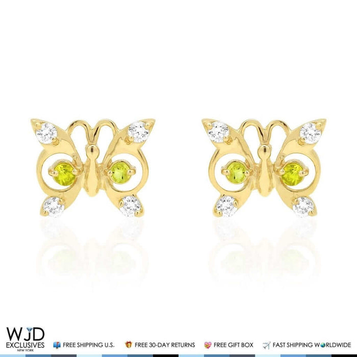 14K Yellow Gold White Zircon & Birthstone Butterfly Screw Back Stud Earrings