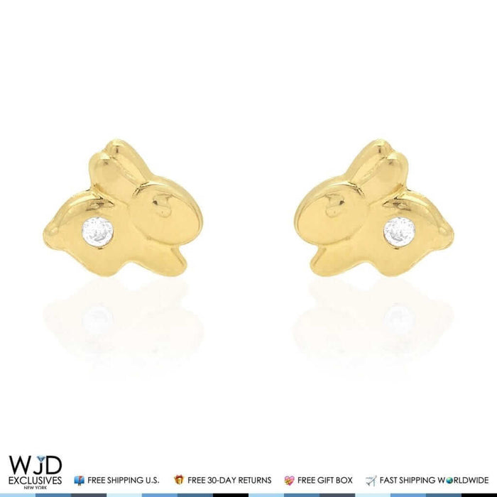 14K Yellow Gold White Zircon Rabbit Baby Screw Back Stud Kid Earrings
